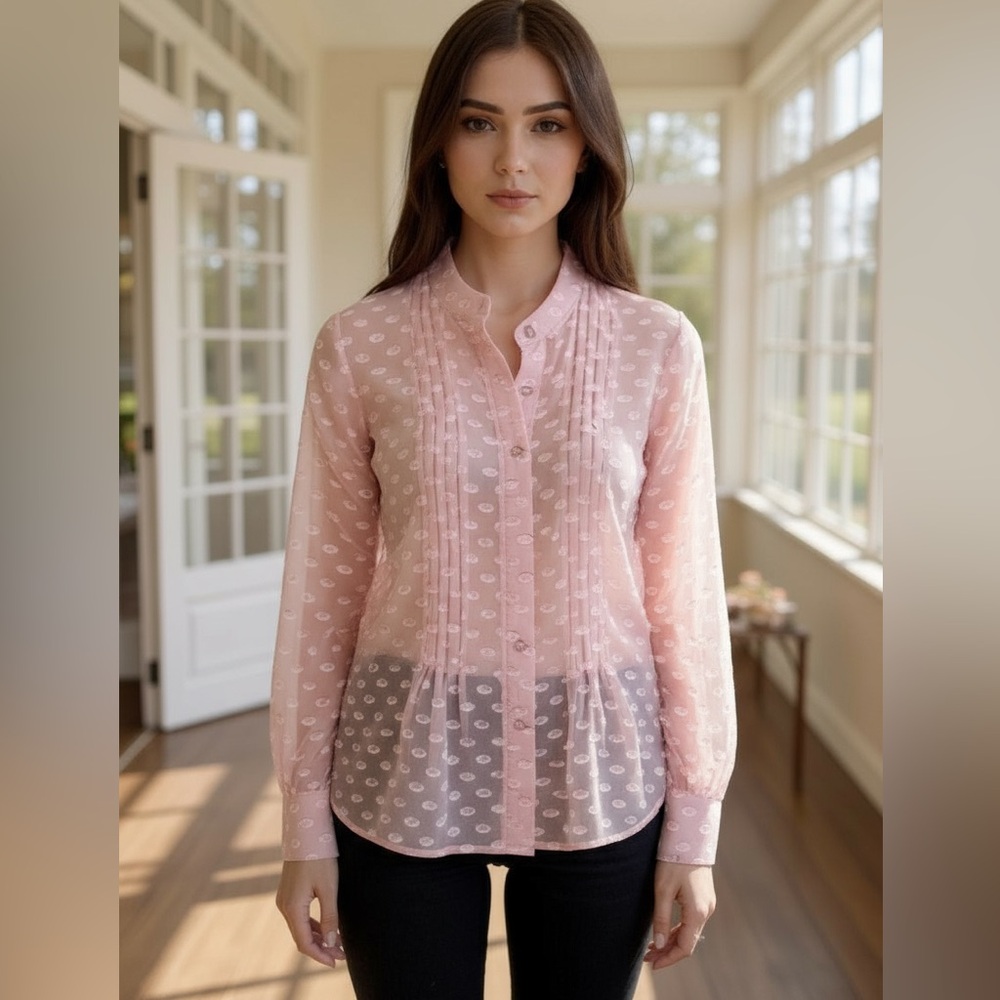 Soft Surroundings silk blend polka dot sheer pink blouse with cami - Picture 1 of 7